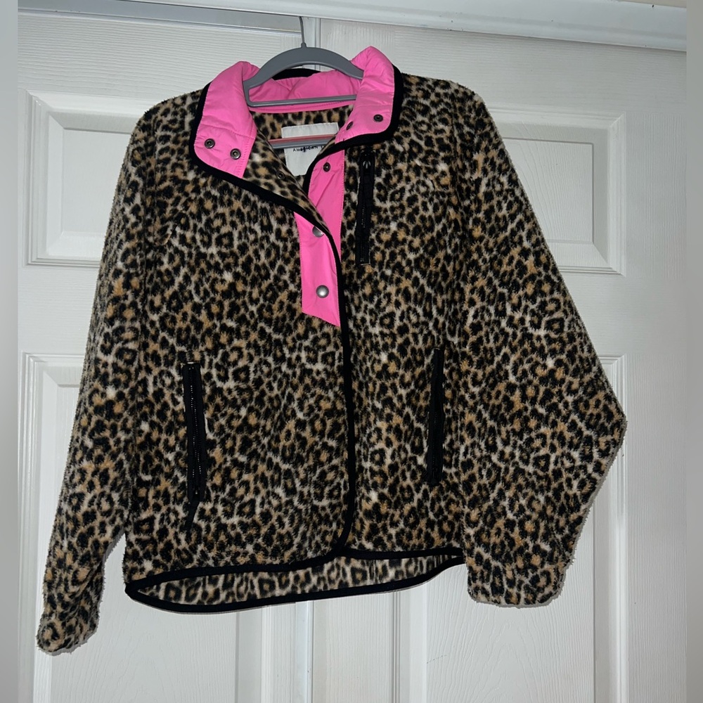 American Eagle Outfitters Leopard Print Hot Pink Trim Fleece Bomber Jacket